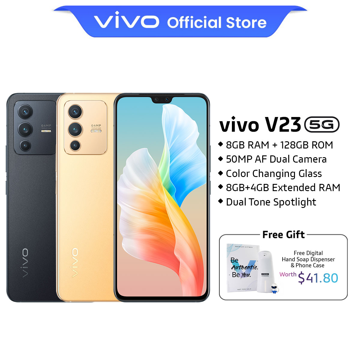 vivo V23 5G [8GB+4GB/128GB] 50MP AF Front Dual Camera | Colour Charging Glass | 7.39mm Simple Refinements | Dual Tone Spotlight | 105* Super Wide Angle Camera 【2 YEARS WARRANTY】