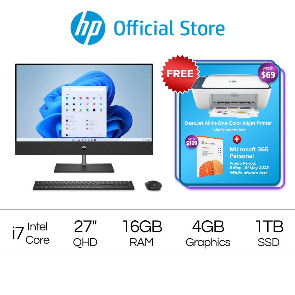 HP Pav 27-ca1010d AiO PC / 12th Gen Intel Core i7 / 27" QHD (2560 x 1440) / 16GB RAM / 1TB SSD / Windows 11 / McAfee LiveSafe / 1 Year Onsite Warranty