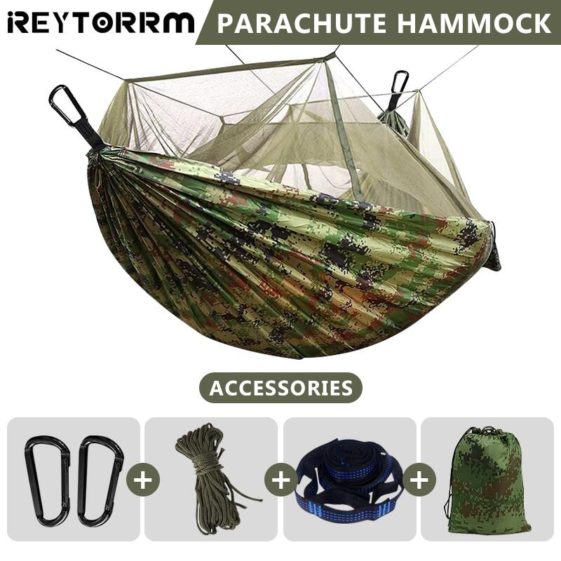 Camping Hammock With Mosquito Net Double Travel Hammock With Tree Straps 5+1 Loops Can Hold 300Kg For Hiking Climb Backpacking