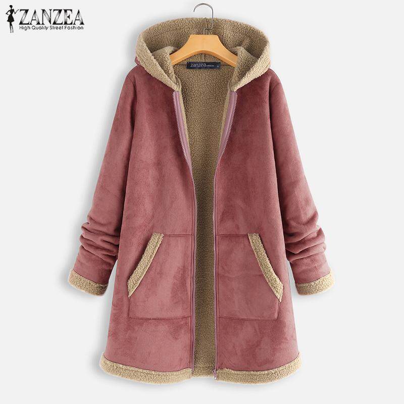 ZANZEA Womens Winter Warm Hooded Fleece Trench Coats Hoodies Zip Up Outwears