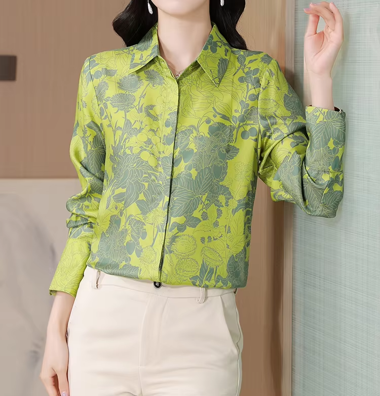 FANIECES Plus Size 3XL Luxury Women Shirt Green Vintage Print Shirt Autumn Long Sleeve Lapel OL Blouse Casual Tops Blusas блузка