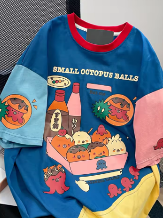 Oversized Cartoon Print T-shirt Women Y2k Aesthetics Tops Harajuku Contrast Color Fairycore 00s E-girl Cute Tshirt Fairy Tees