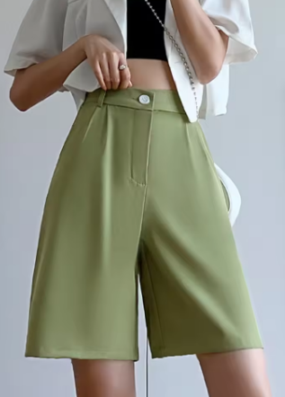 Casual High Waist Wide Leg Suits Shorts Womens Summer Office Lady Loose Shorts for Women Solid Black Knee Length Baggy Shorts