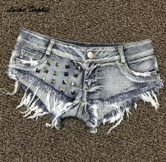 Low waist Women's Sexy super denim shorts 2024 Summer denim cotton rivets Splicing shorts Ladies Skinny club super short jeans