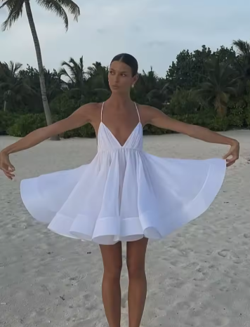 Backless Lace Up V-neck High Waisted Women's Beach Dress Stack Pleated Hem Solid Vestidos Summer New Lady Vacation Dresses 2025