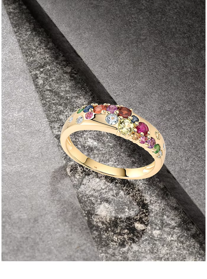 Vistoso Genuine 14K 585 Yellow Gold Ring For Women Sparkling Diamonds Colorful Gems Trendy Wedding Anniversary Fine Jewelry