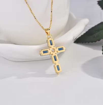 Real Solid 18k Yellow Gold Cross Pendant Necklace for Men and Women Simple Design Sapphire Pendant Jesus Christ Fine Jewelry