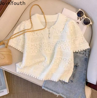 Hollow Out Knitted T Shirts for Women Turndown Collar Short Sleeve Tees 2025 Ropa Mujer Casual Fashion Summer Korean Tshirt Tops