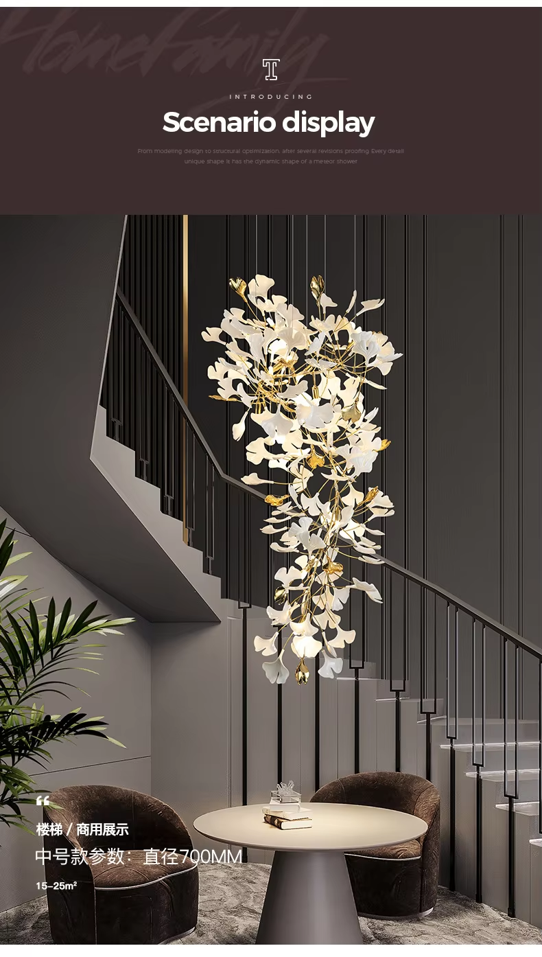 Ginkgo leaf stairwell long chandelier atmospheric light luxury villa duplex building loft hotel lobby creative art lamps
