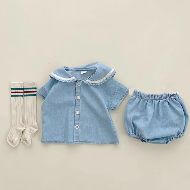 2025 Summer New Baby Navy Collar Clothes Set Kids Girls Short Sleeve Denim Tops + Shorts 2pcs Suit Cute Baby Boy Denim Outfits