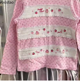 Japanese Kawaii Lolita Tops Women Harajuku Sweet Polka Dot Print Fairycore T-Shirts Casual Y2k Aesthetic Grunge Long Sleeves Tee