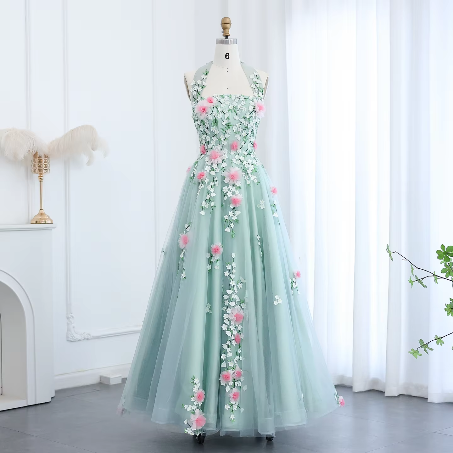 Sharon Said Dubai Luxury Chic 3D Flowers Halter Aqua Evening Dress Women Wedding Party Midi Formal Prom Gowns SS219 Customized