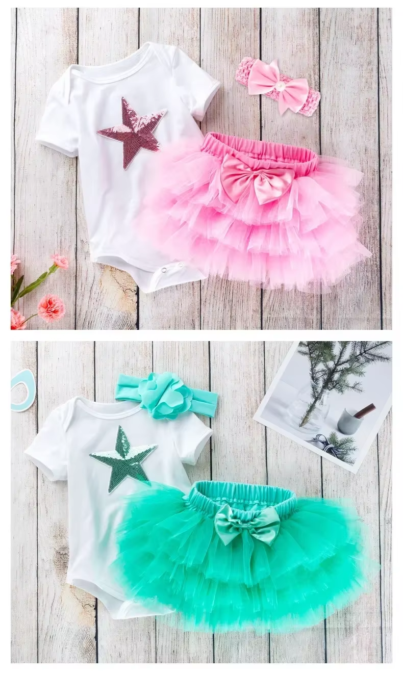 Newborn Clothes Set Romper + Skirts Heart Bow One Year Baby Girl Birthday Dress First 1st Baby Party Dress Infant Party Clothing