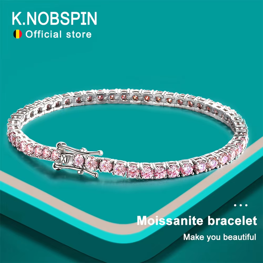 K.NOBSPIN Pink Moissanite Bracelet Lab Grown Diamond s925 Sterling Silver Prom Party Fine Jewelry with GRA Bracelets for Women