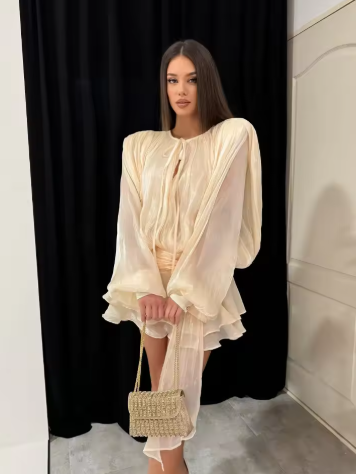 Fashion Ruffles Hem Solid Mini Dress Women Elegant O-neck Lantern Sleeve Short Dresses 2025 New High Street Vocation Vestidos