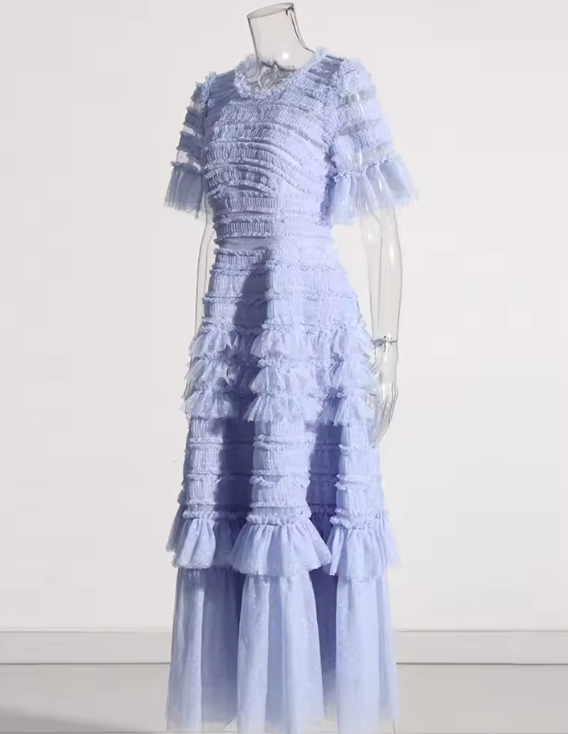 TWOTWINSTYLE Solid Dresses For Women O Neck Short Sleeve High Waist Spliced Folds Temperament Chic Dress Female Fashion Clothes