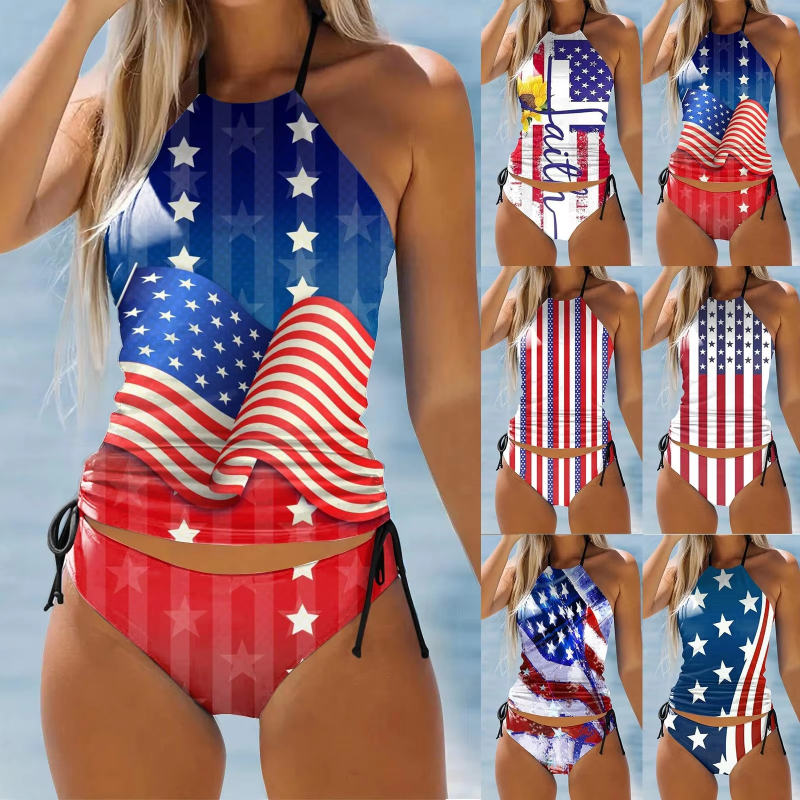 Bikini Women Swimwear 2025 Women'S Split Swimsuit Set Independent Day Printed Split Bikini Beach Set Nuevo En Conjuntos A Juego