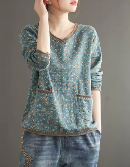 Oversized Vintage T Shirt Women Cotton Linen T-Shirt Long Sleeve Floral Loose Tee Shirt Woman Autumn Tshirt Ladies Tops Casual