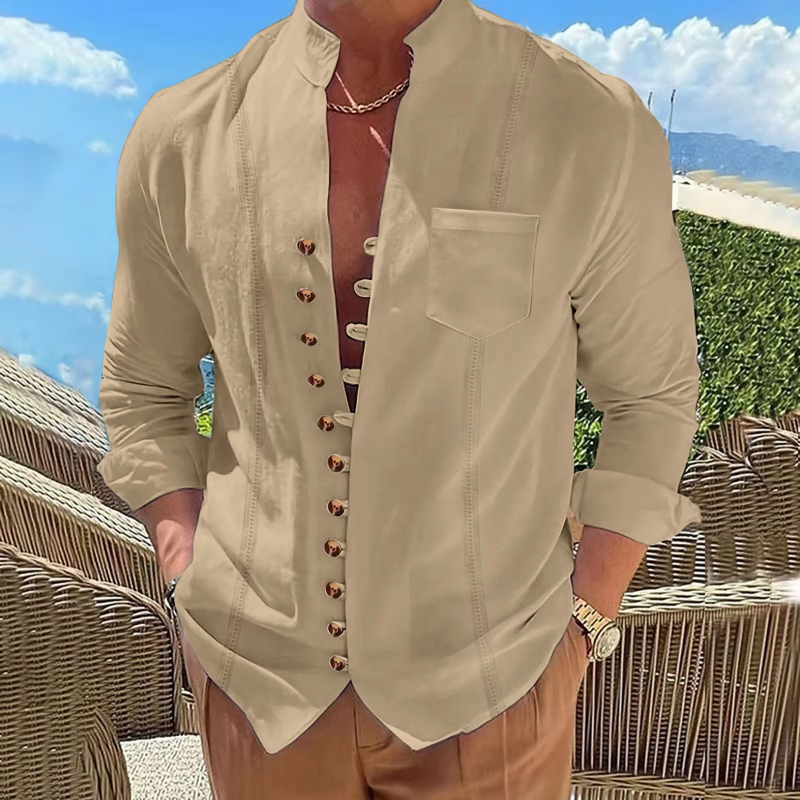 2024 Men's new vintage stand collar cotton linen pocket long sleeve shirt casual multi-button solid color striped cardigan