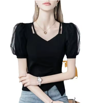 MadBlack, European Clothes T-Shirt, Sexy Women V Neck Hollow Out Top, Fashion Puff Sleeve Slim Tee, 2024 Summer Autumn T40427CC