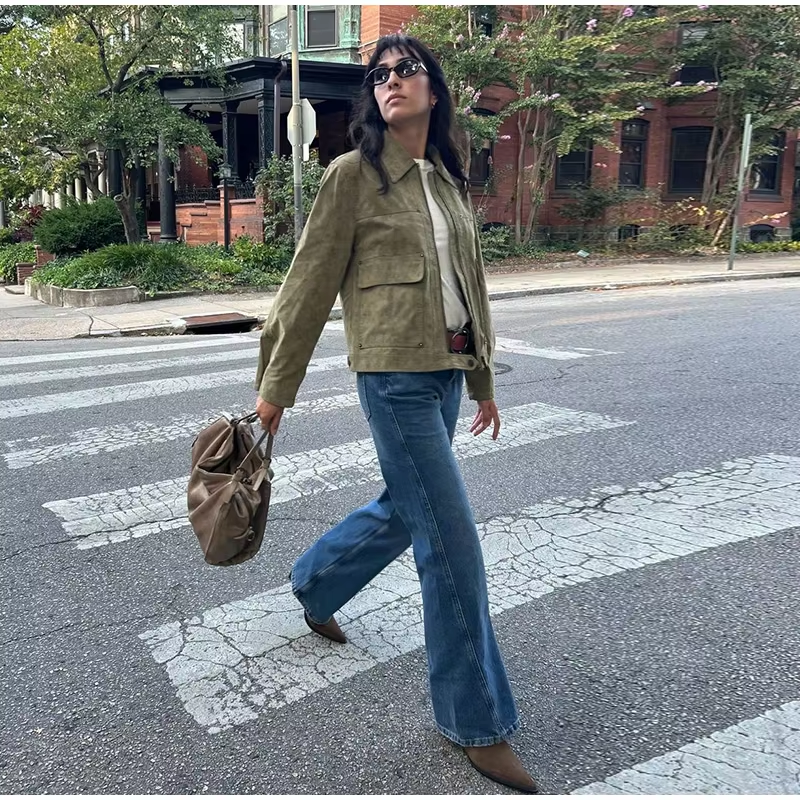 Street Green Suede Jackets Loose Lapel Long Sleeves Zipper Big Pockets Coats Female 2025 Spring New Fashion Chic Outwears Lady