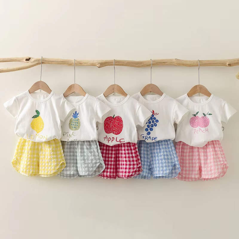2Pcs Summer Baby Girls Clothes Toddler Short Sleeved Suits Thin Cotton Plaid Shorts Tee Sets Children Fashion Print T Shirt Pant