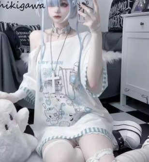 Summer T-Shirts Japanese Women T Shirts Oversized Tops 2025 Ropa Mujer Off Shoulder Anime Print Tees Casual Fashion Y2k Tshirts