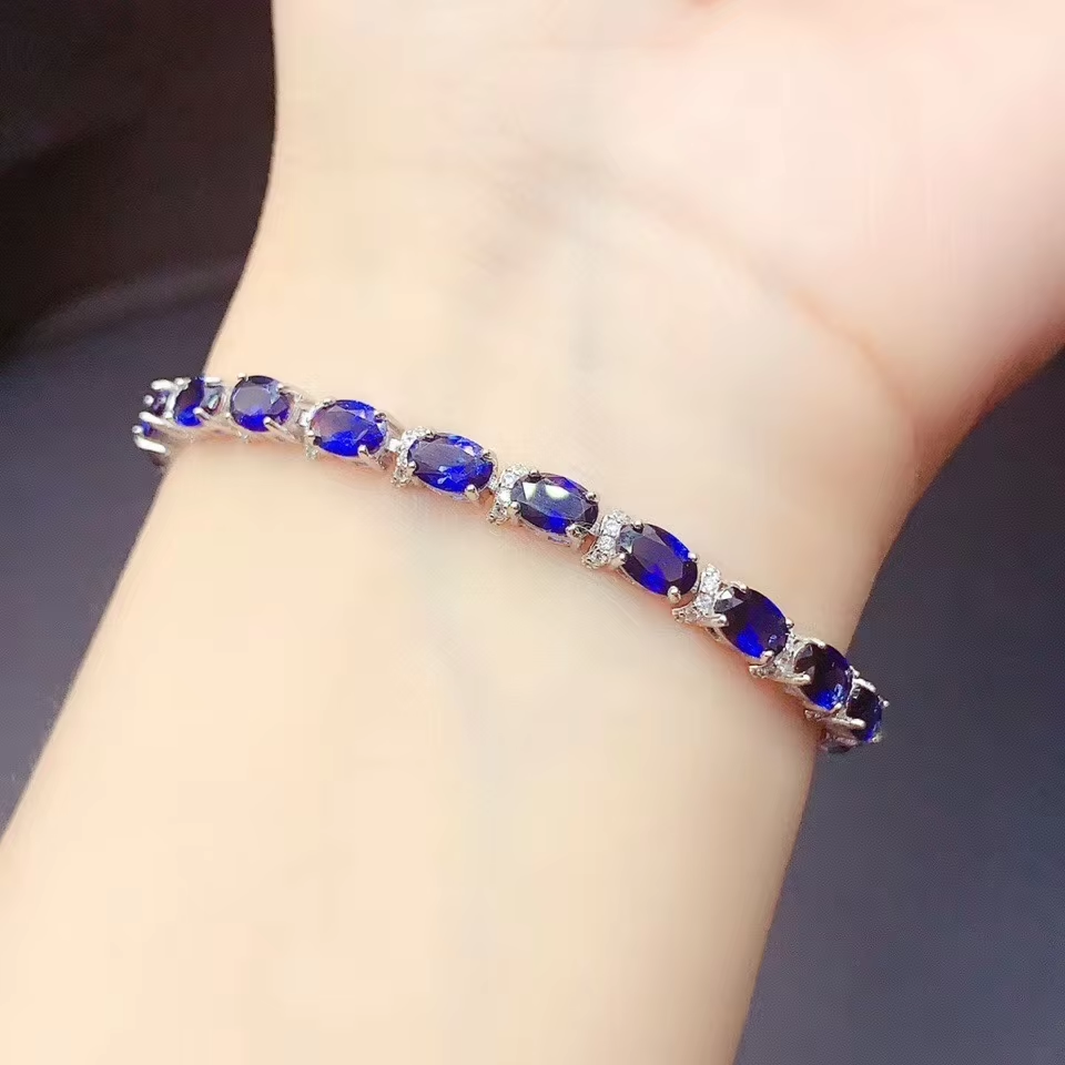 MeiBaPJ New Item Natural Sapphire Gemstone Bracelet 925 Sterling Silver Blue Stone Bangle for Women Fine Wedding Jewelry