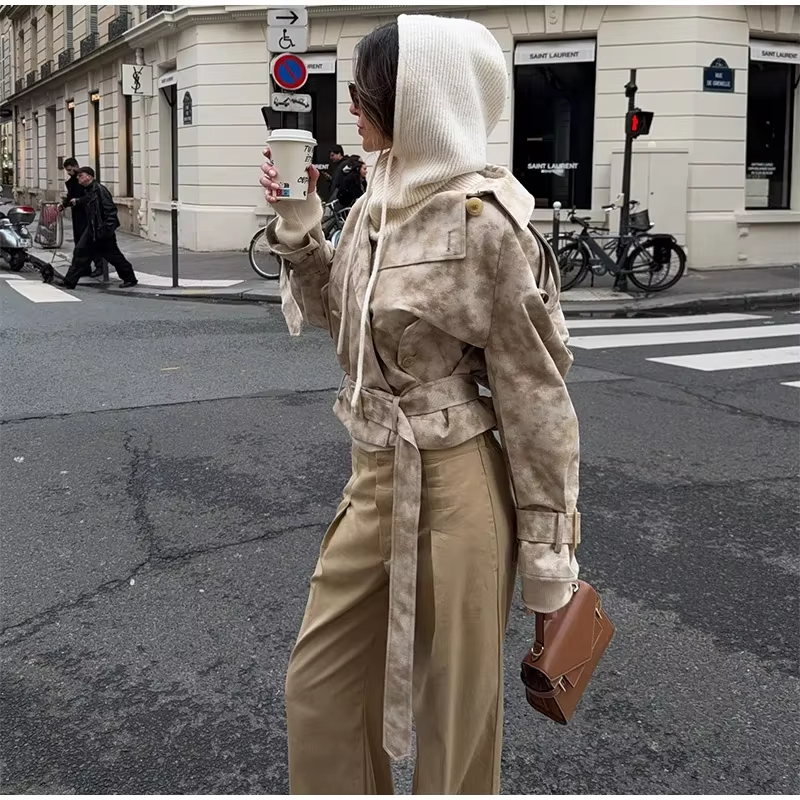 Chic Tie-dye Laple Jacket Fashion Long Sleeve Lace Up Double Pockets Button Short Coat New Women's Spring Highstreet Wear 2025