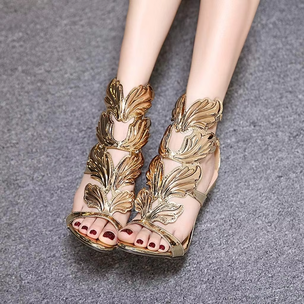 EOFK Women Gladiator Sandals Bowknot Wings Slim Heels Buckle Strap Women's Roman Style Foreign Trade Sandals High Heels Large 42