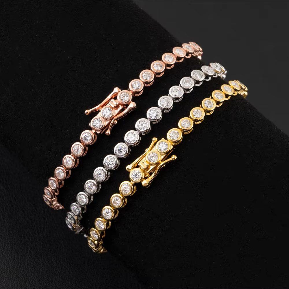 Certified 2mm Moissanite Tennis Bracelet 100% 925 Sterling Silver Plated 18k Gold Round Bubble Diamond Bracelets for Women Men
