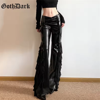 Goth Dark Streetwear Faux Pu Patchwork Mesh High Waist Trousers Mall Gothic Zip Women Casual Flare Pants Punk Style Alt Bottoms