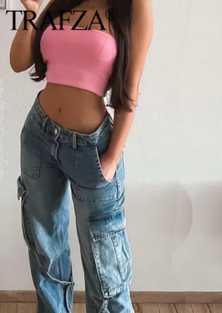 TRAFZA 2023 Autumn Fashion Casual Solid High Waist Trousers Female Denim Wide Leg Pants Y2K Jeans Women Long Cargo Pants Jeans