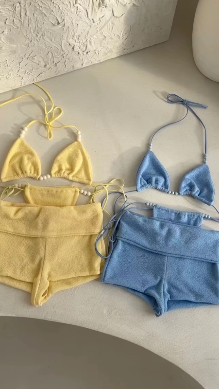 Bikini with Pants Swimwear Women Sexy Halter Tie Knot Two-Piece Bikini Set Soild Swimsuit Shimmer Bathing Suit Summer