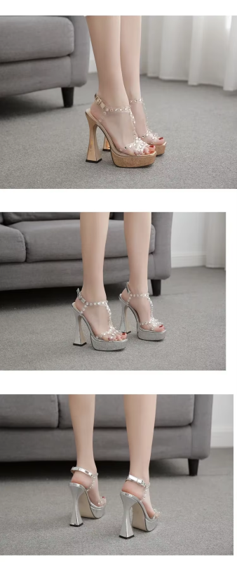Women Sandals Transparent Pvc Rhinestones Sexy Platform Peep Toe Super High Heel Buckle Strap Wedding Shoes Gold/Silver