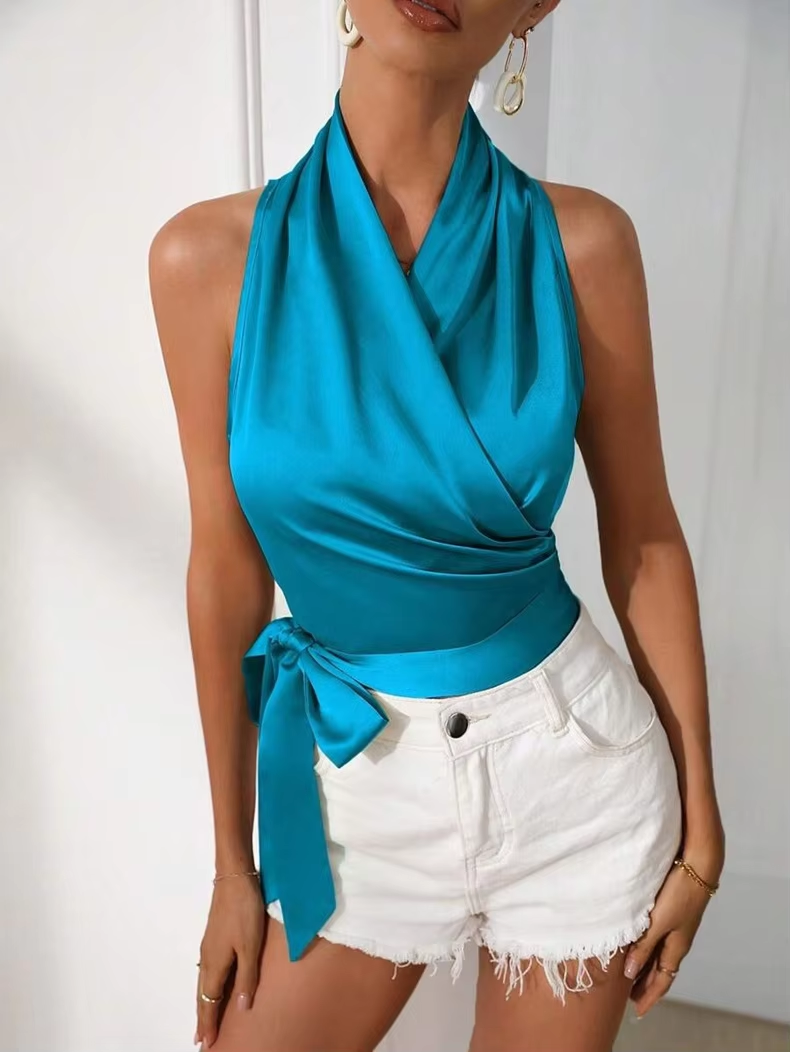 Elegant Neck Hanging Silk Satin Shirts & Blouses 2025 Spring Summer Sexy Lace Up Side Wrapped Sleeveless Temperament Shirt Tops