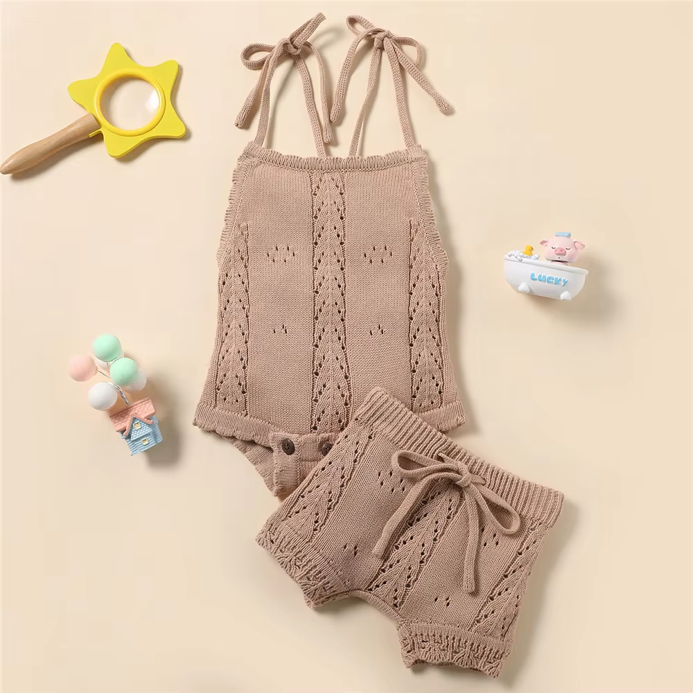 Infant Kids Baby Girl Boy Shorts Suits Solid Color Sling Knit Romper Drawstring Shorts Birthday Sets