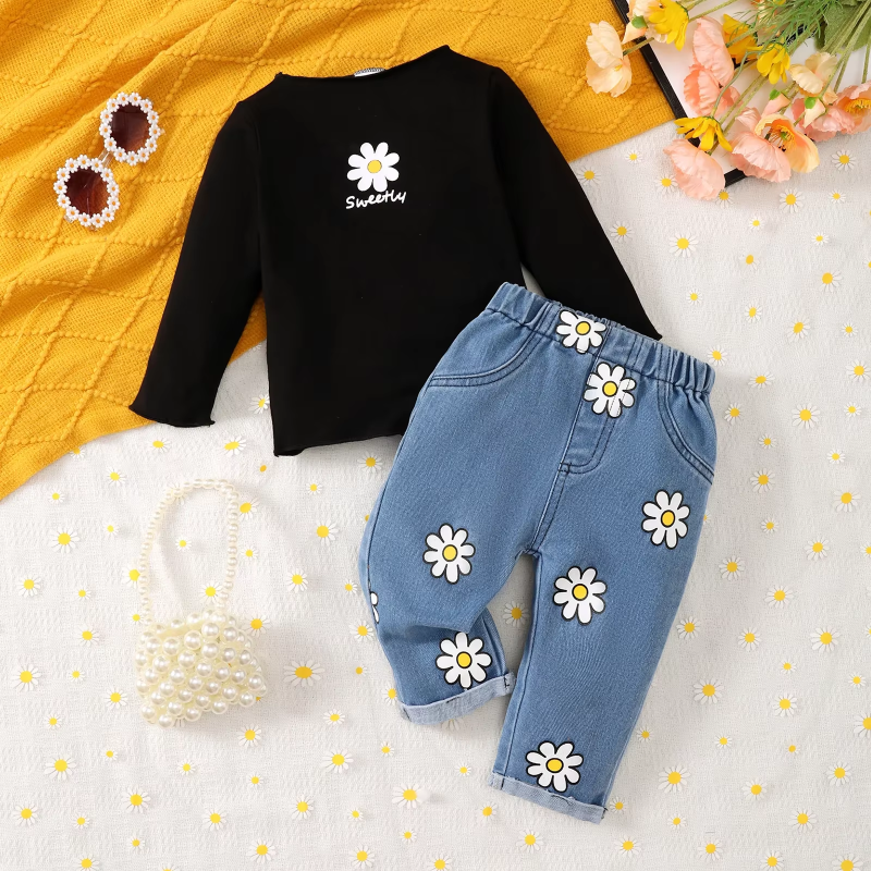 Cute Baby Girls Clothes Outfit Flower Print Round Neck Long Sleeved Shirt Top Cowboy Pants 2-Piece Infant Toddlers Set