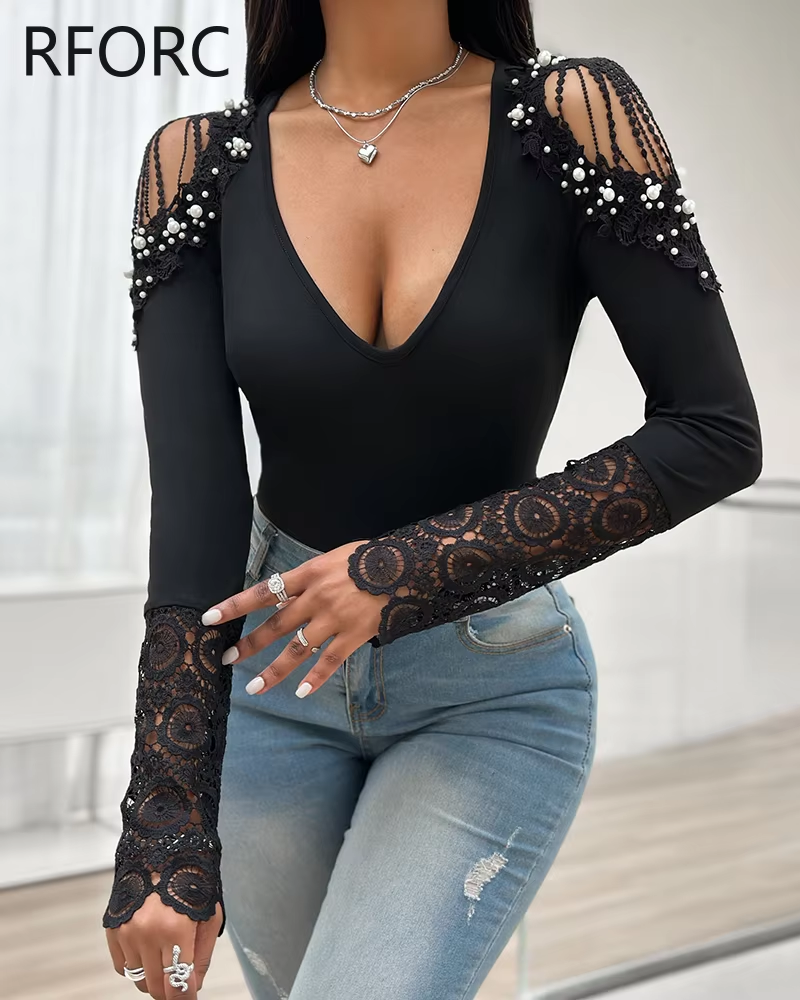 2024 Women Long Sleeves Beading Decoration Hollow Out Lace Patch Casual Basic Knitting Blouse Top