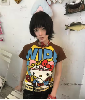 Sanrio Hello Kitty American Style Spicy Girl Tees Contrasting Color Women Summer Short Sleeved T-shirt Korean Version Trend Top