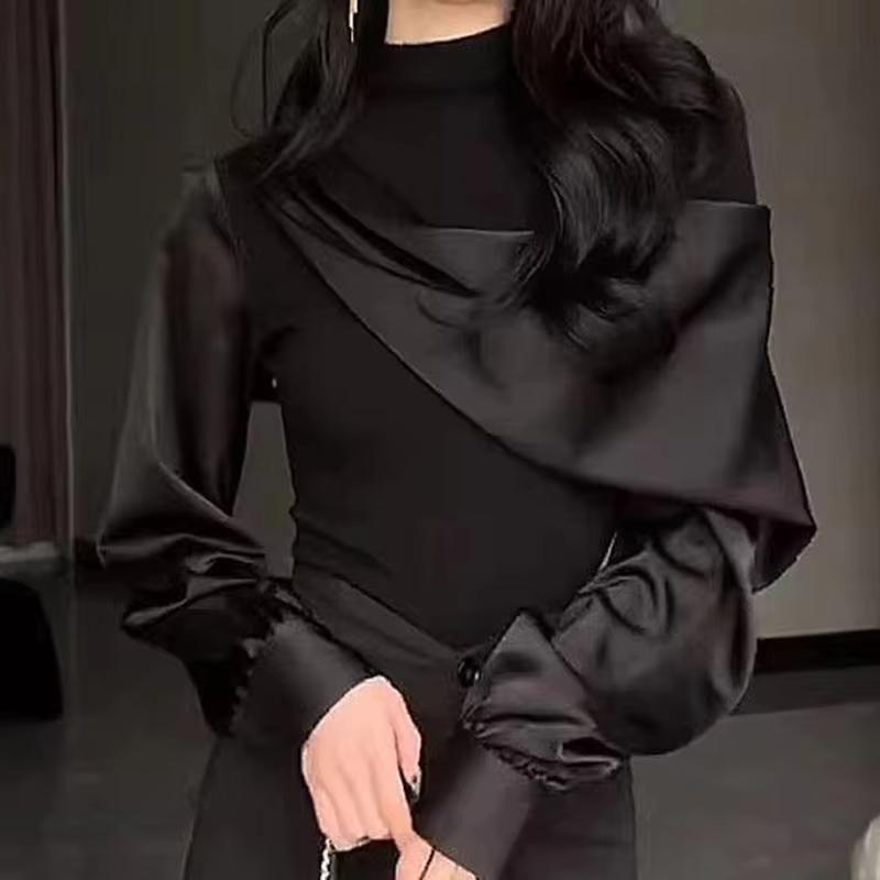 French black stitching design long-sleeved shirt women's spring and autumn new fashion luxury temperament niche Joker casual top