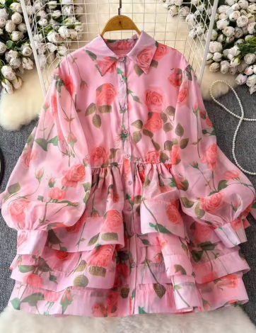 Holiday Gorgeous Flower Ruffles Layer Cake Mini Dress Women Lantern Sleeve Floral Print Lace Up Belt Summer Ball Gown Cute Dress