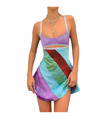 2024 New Women’s Casual Sweet Suspender A-line Dress Fashion Contrast Color U-neck Hollow Short Dress