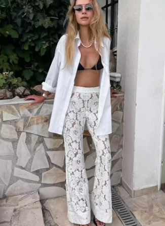 Wolfeel Sexy Perspective White Flare Pants Summer Women Vacation High Waist Long Trousers Lace Beach Style Female Pants 2025
