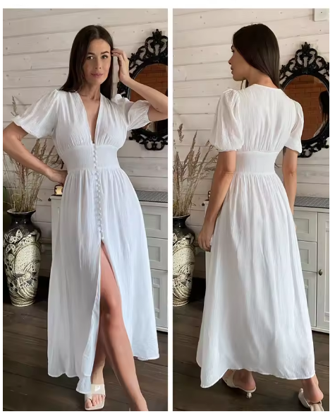Clacive White Sexy Single-Breasted Women'S Dress 2022 Elegant Short Sleeve V-Neck Party Dresses Lady Casual Slim Midi Dress