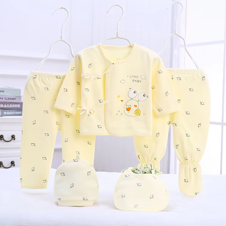 5Piece Sets Spring Baby Girl Boy Clothes Casual Cartoon Cute Print Long Sleeve Cotton Tops+Pants+Hat Newborn Hospital Set BC1361