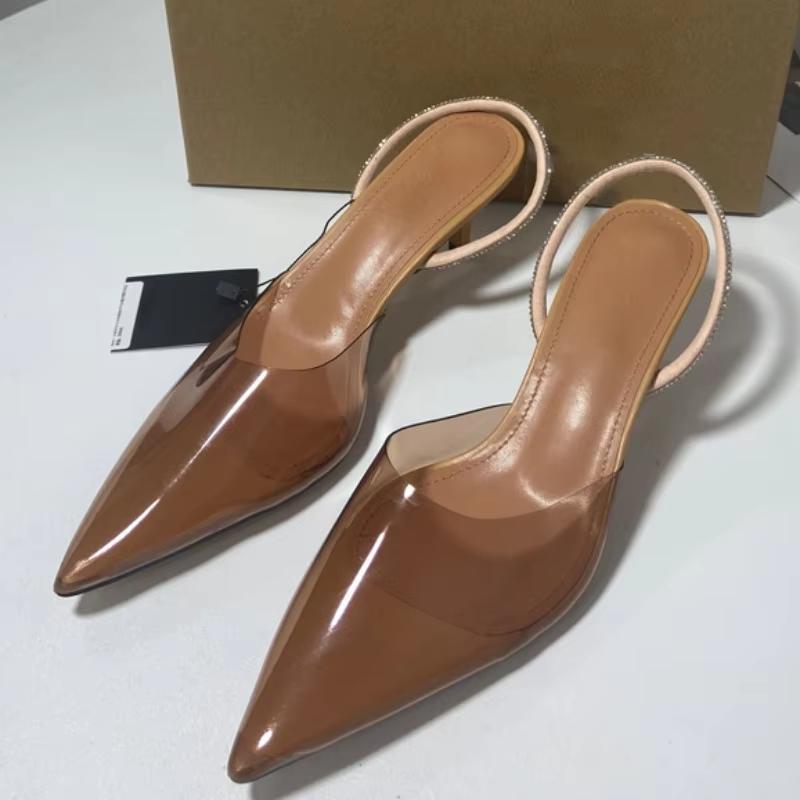 Fashion Pointed Ladies High Heels Sandals Shiny Diamond Slingback Women's Designer Shoes Transparent PVC 2025 Summer Footwear