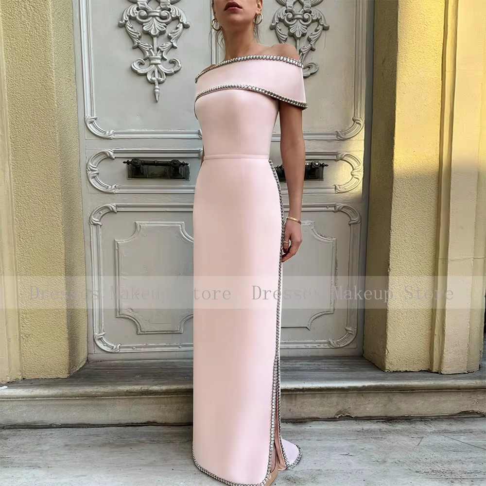 Pale Pink Wedding Party Dresses for Women Off the Shoulder Column Formal Gowns Long Crystal Belt Side Slit Satin Prom Dress 2025
