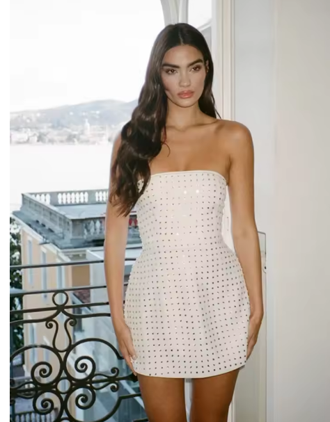 2025 Sexy Strapless Beading A-line White Dress Women Sleeveless High Waist Short Wrap Dresses Female Backless Party Prom Gowns