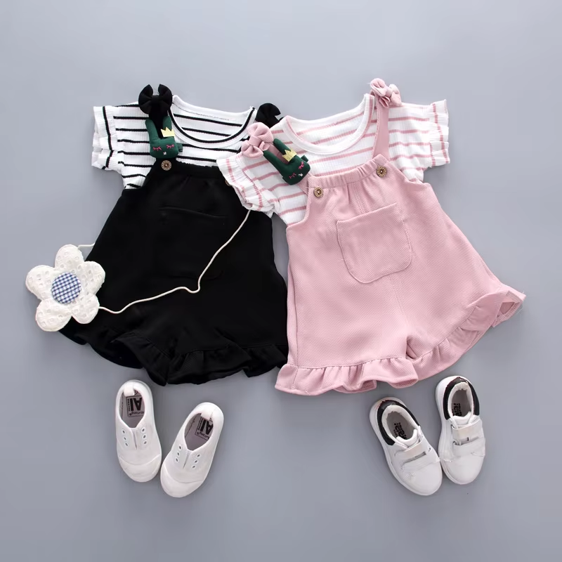 2pcs Cute Toddler Baby Girl T-shirt+Suspender Shorts Outing Clothes New Fashion Bay Sets Suits (No Shoes No Bag)